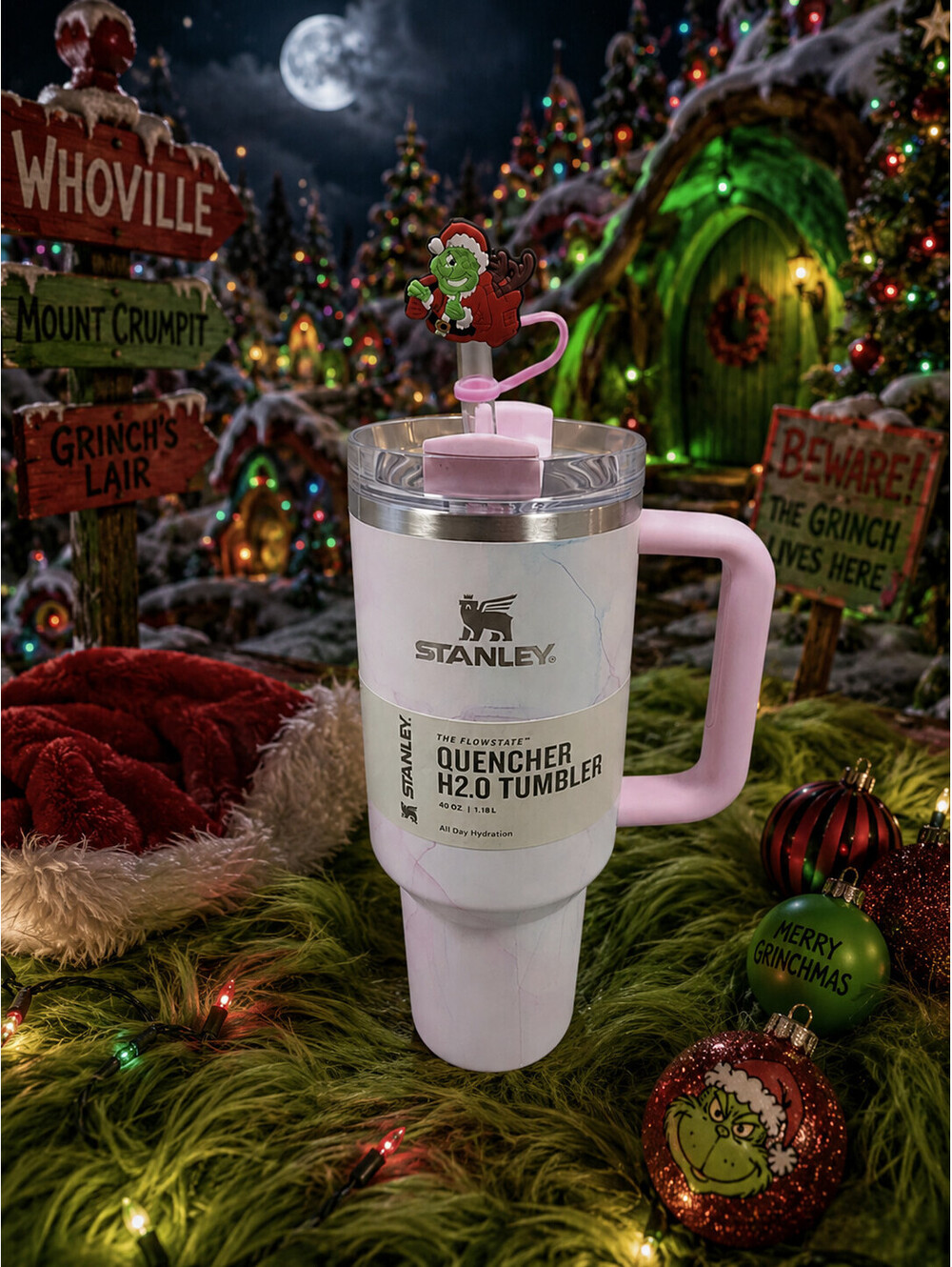 🎄🎄🎄STANLEY 40OZ STAINLESS STEEL TULLE H2.0 TUMBLER WITH A GRINCH STRAW COVER!
